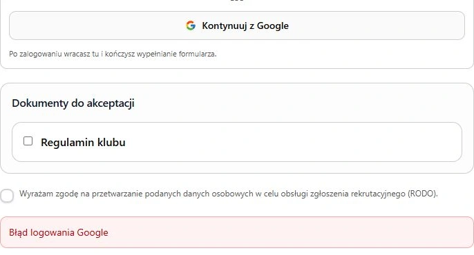 Błąd rozpoczęcia Google i dostępne ponowienie — rzeczywisty formularz z kontrolowanym błędem lokalnego stanowiska; bez połączenia z Google