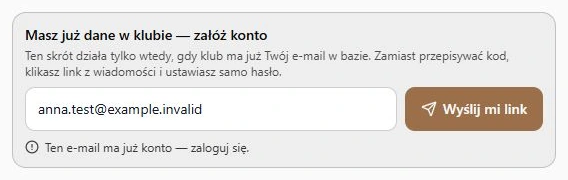 Istniejące konto — informacja w rzeczywistej karcie skrótu