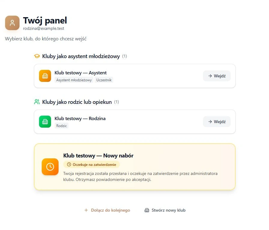 Panel startowy po zalogowaniu — wybór dostępnego klubu i osobne oczekujące zgłoszenie; fikcyjne dane