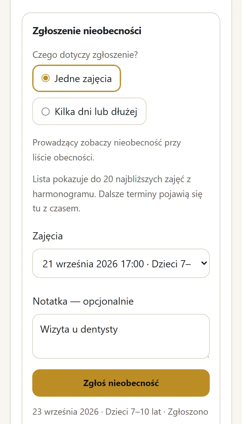 Zgłoszenie nieobecności na jednych zajęciach