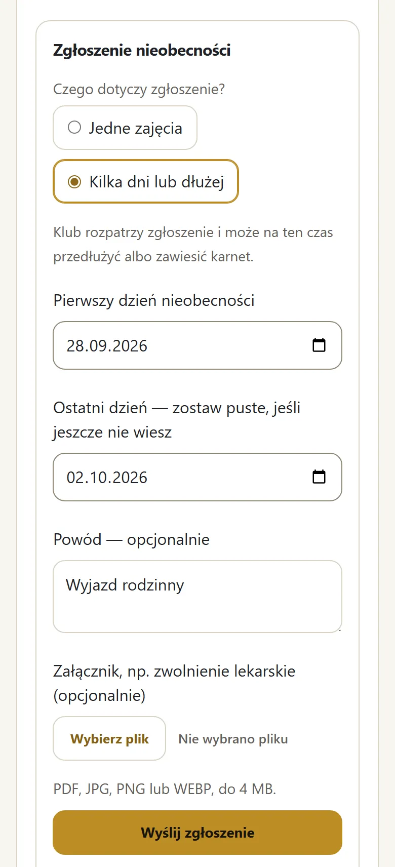 Zgłoszenie nieobecności na kilka dni