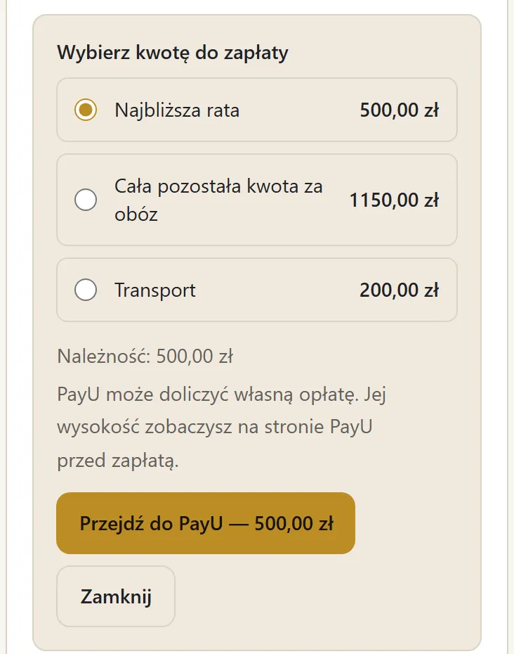 Wybór kwoty płatności za obóz
