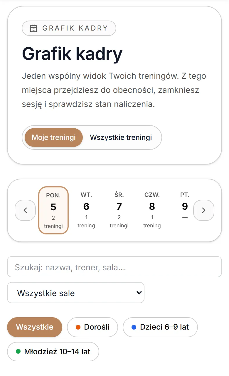Grafik — wybór tygodnia, dnia i sali