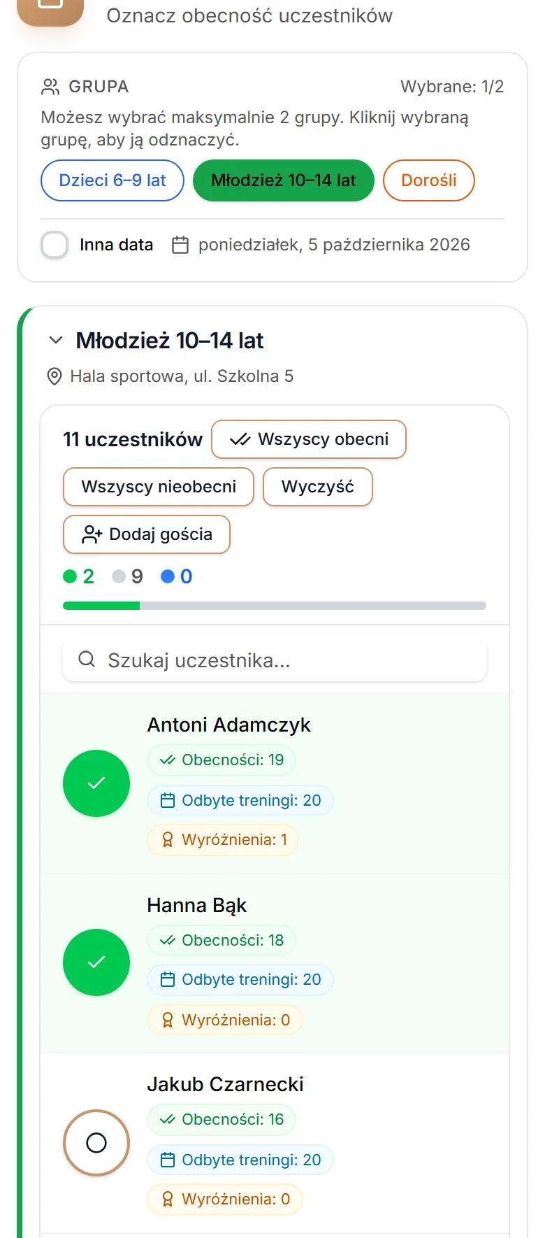 Lista obecności grupy