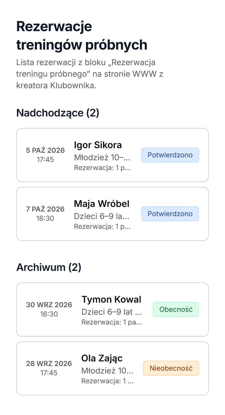Zapisy na trening próbny
