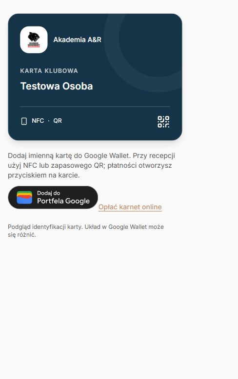 Podgląd imiennej karty z logo klubu i przyciskiem Google Wallet w PWA rodzica