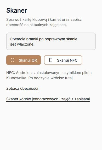 Skaner — widok w wąskim kontenerze z włączonym otwieraniem bramki i pilotażem NFC