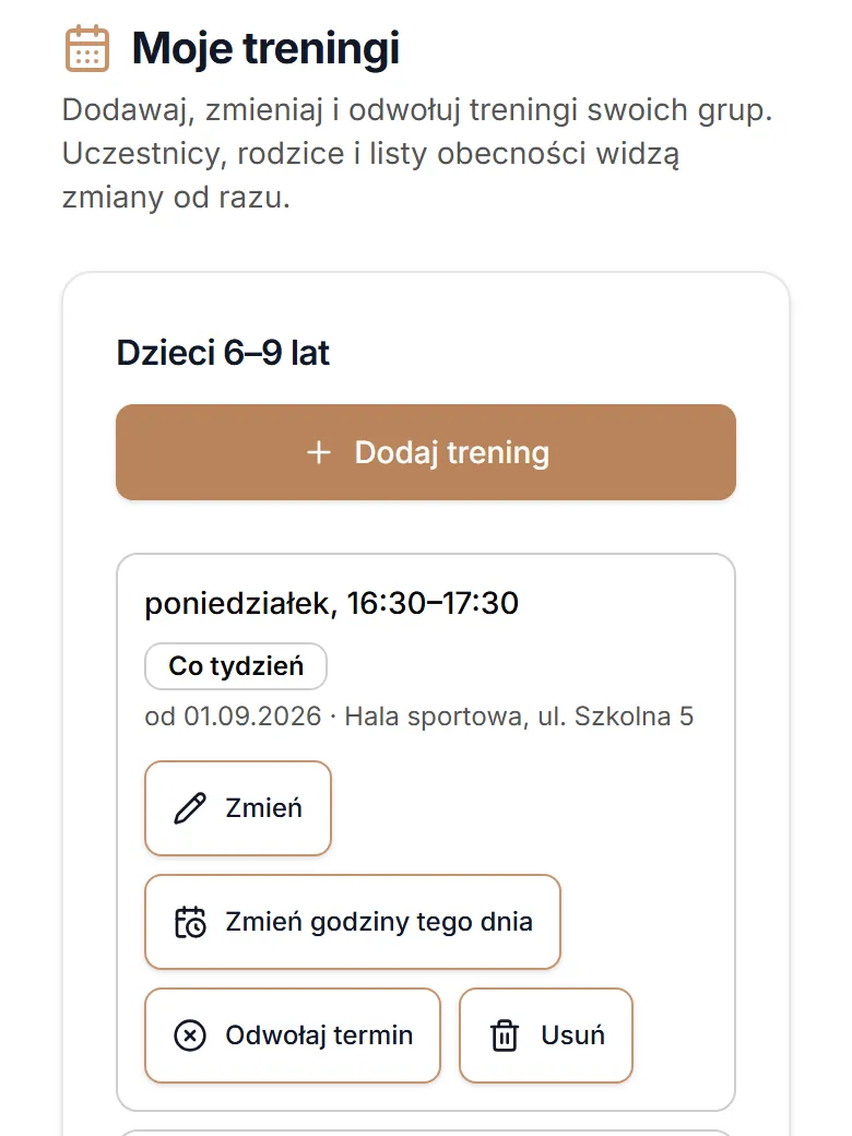 Treningi grupy i przyciski