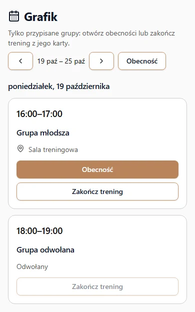 Uproszczony grafik instruktora w trybie Tylko obecności