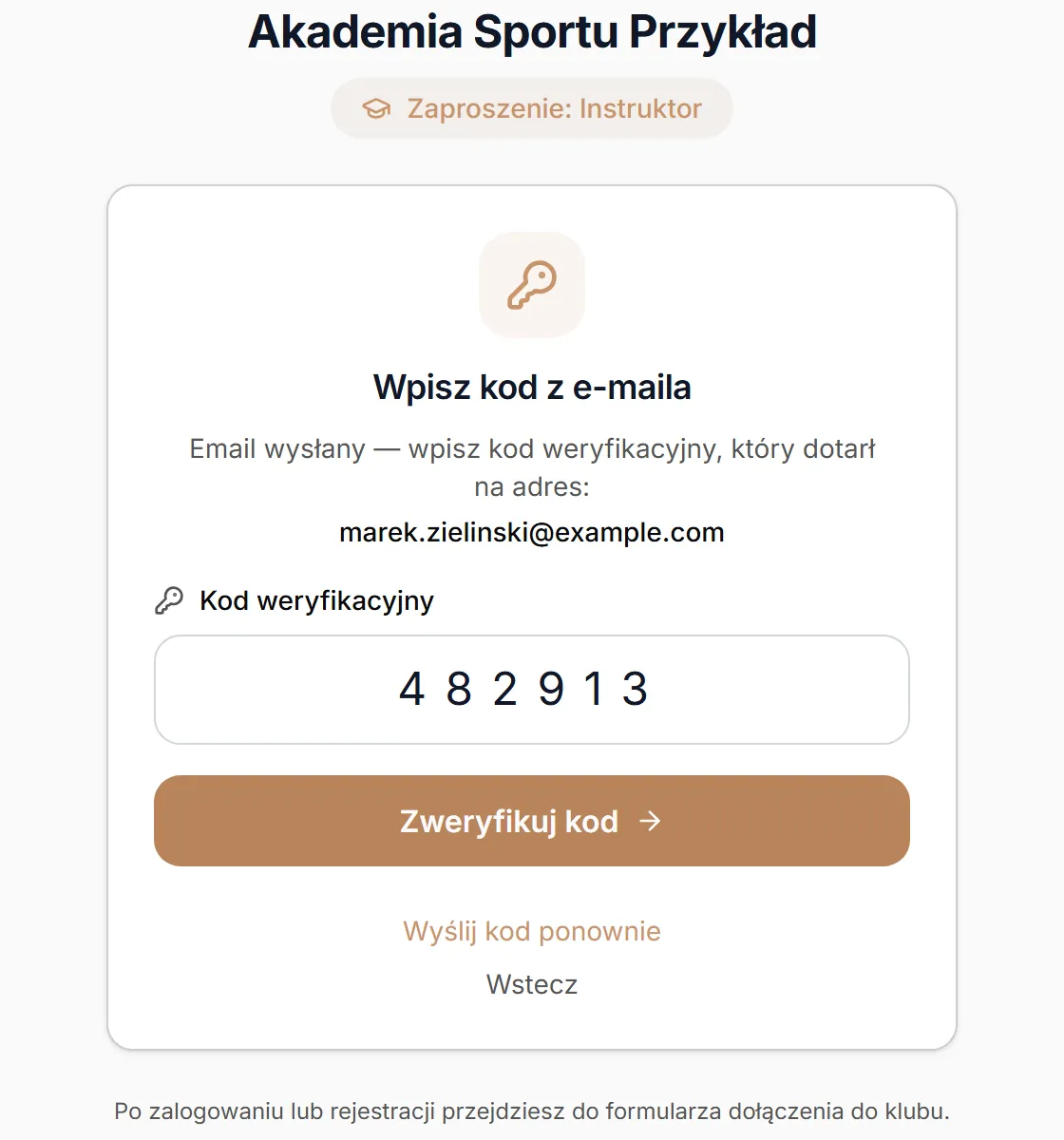 Ekran „Wpisz kod z e-maila”