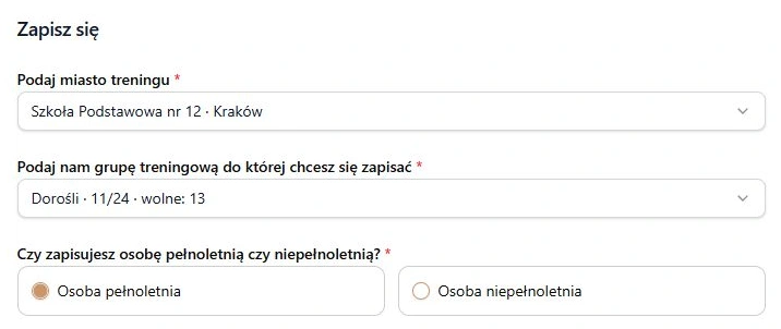 Formularz naboru — miejsce, grupa i wiek