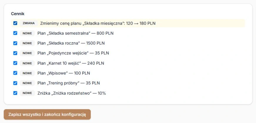 Wybrana zmiana ceny i osobny przycisk zastosowania konfiguracji