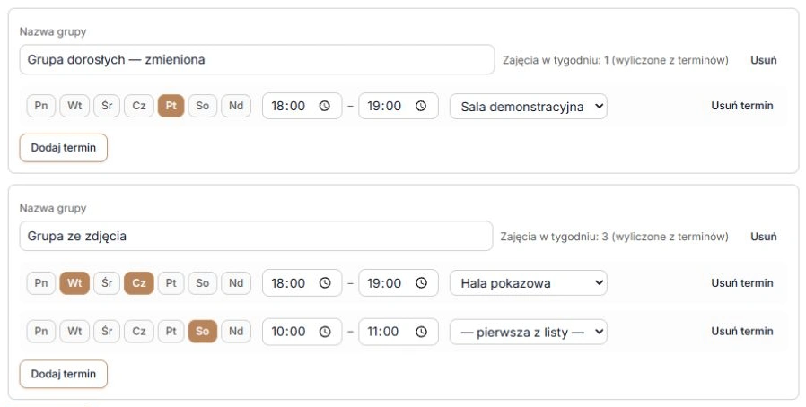 Zachowana ręczna edycja i nowa grupa z przykładowego odczytu