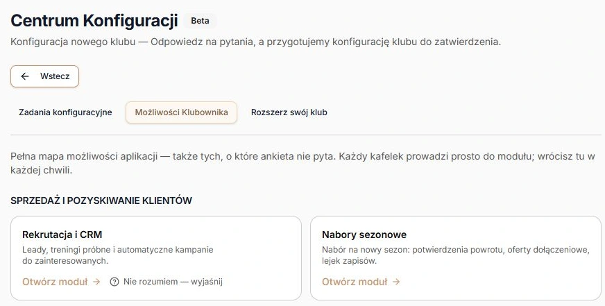 Początek katalogu możliwości — przejście do modułu i wyjaśnienie