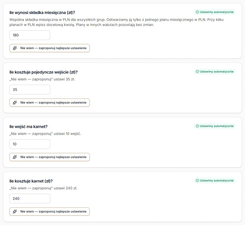 Kwoty i liczba wejść dla wybranych modeli