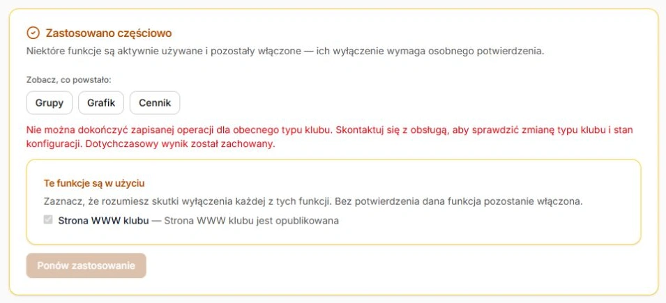 Zachowany częściowy wynik i zatrzymane ponowienie po zmianie typu klubu