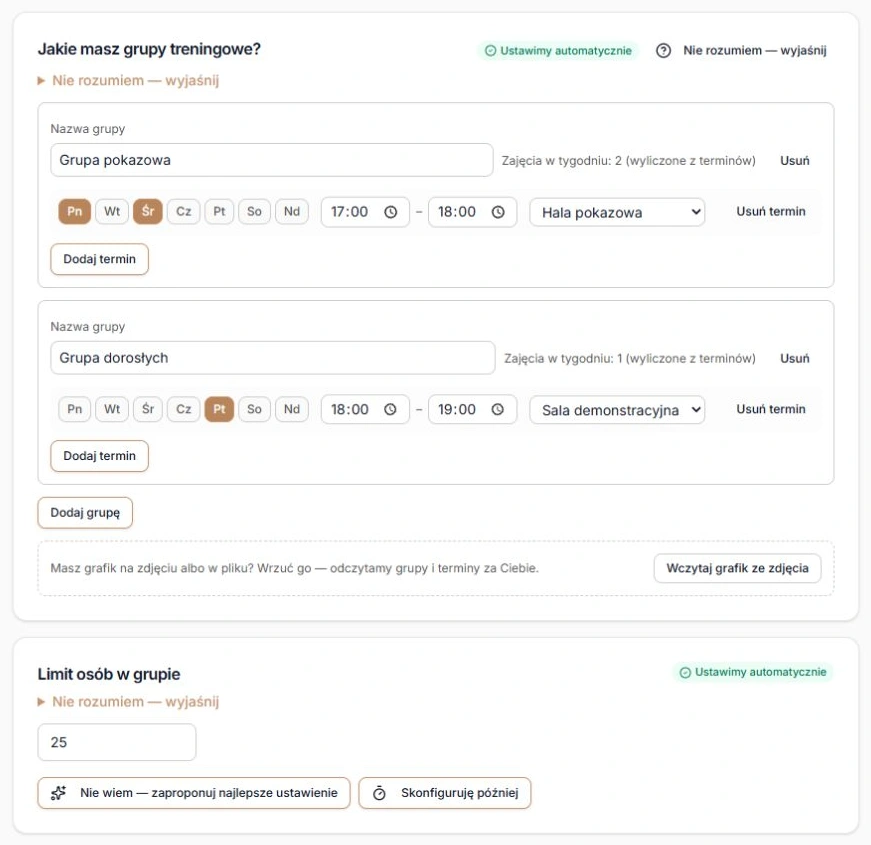 Grupy, grafik i wspólny limit odtworzone z istniejącej konfiguracji