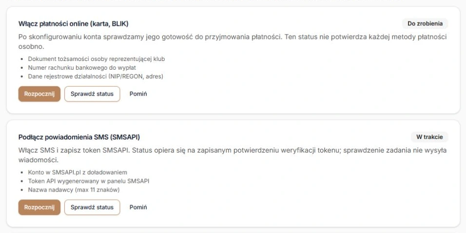 Początek przykładowej listy zadań — statusy i trzy przyciski