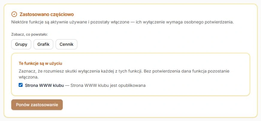 Wybrane potwierdzenie i dostępny przycisk ponowienia