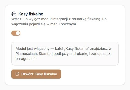 Kasy fiskalne — włączony moduł i przejście do panelu integracji