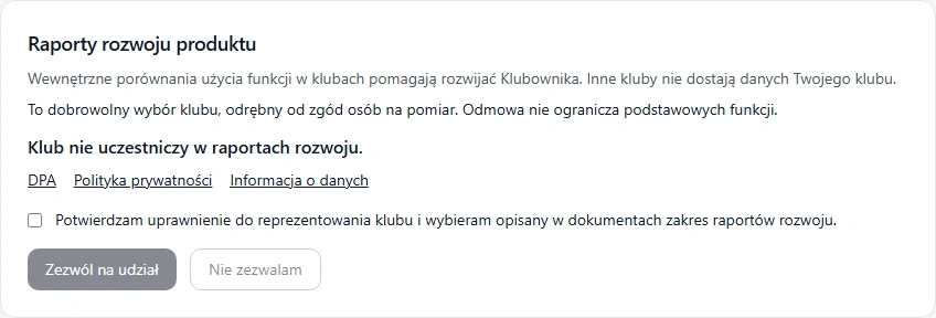 Osobny wybór klubu po udostępnieniu dokumentów. Przykład na fikcyjnych dokumentach w lokalnym stanowisku.