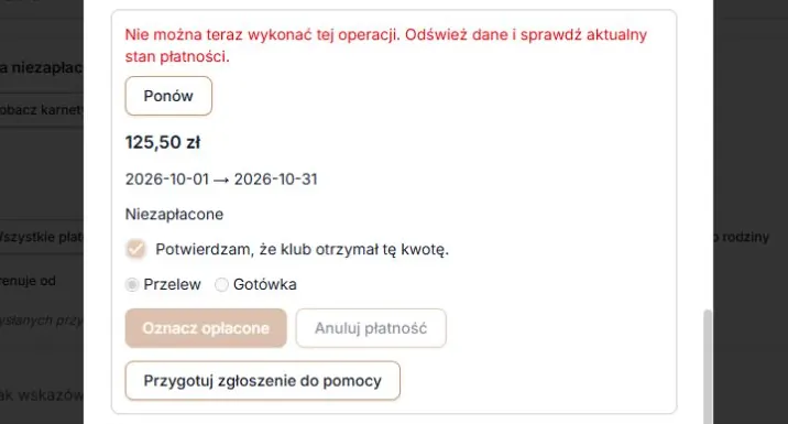 Niepewny wynik wpłaty — Ponów odczytuje stan bez powtarzania zapisu