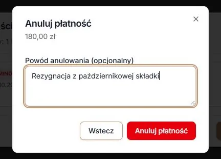 Anulowanie należności — kwota, opcjonalny powód i potwierdzenie