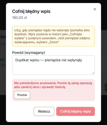 Niepotwierdzone cofnięcie przy problemie ze sprawdzeniem dokumentów