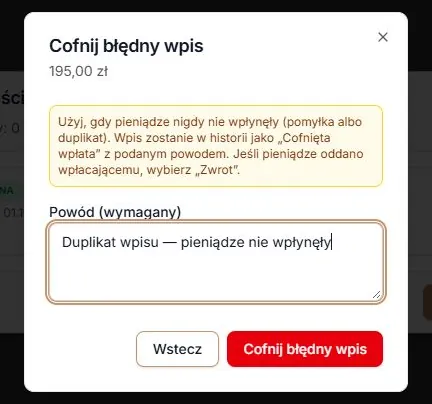 Pełna kwota 195,00 zł w oknie cofnięcia błędnego wpisu