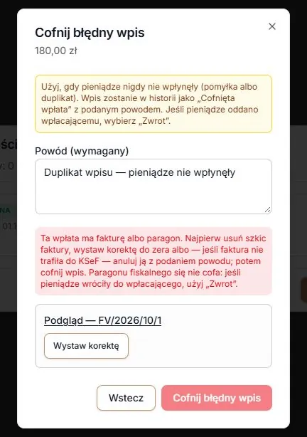 Pozostawiona blokada cofnięcia po częściowej korekcie faktury