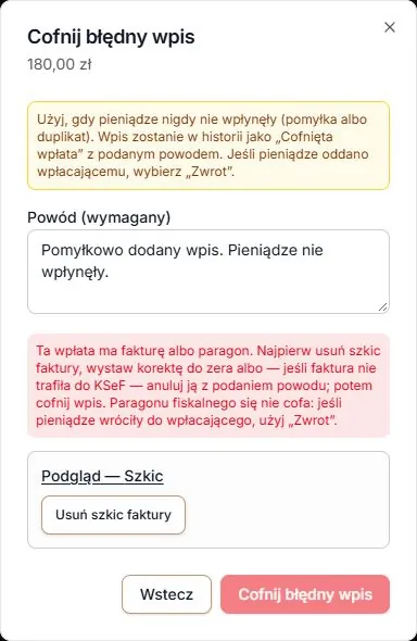 Zachowany powód i blokada wpłaty po zamknięciu podglądu