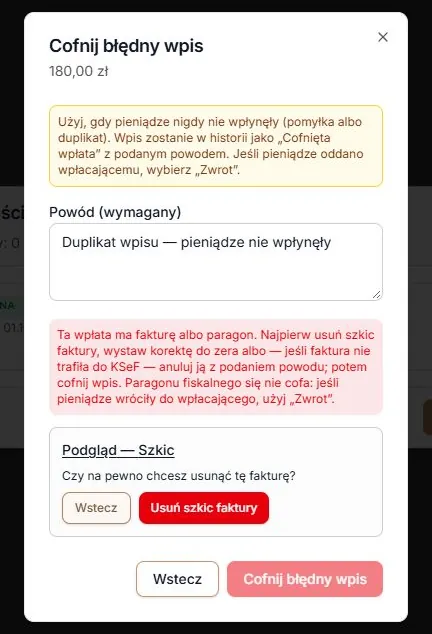Osobne pytanie przed usunięciem szkicu, z zachowanym powodem cofnięcia wpłaty