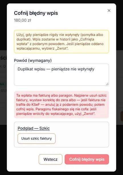 Szkic faktury blokujący cofnięcie i dostępne kontrolki dokumentu
