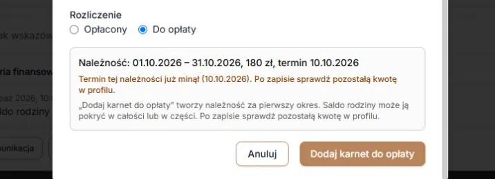 Przypisz karnet — rozliczenie Do opłaty i podpowiedź o saldzie rodziny