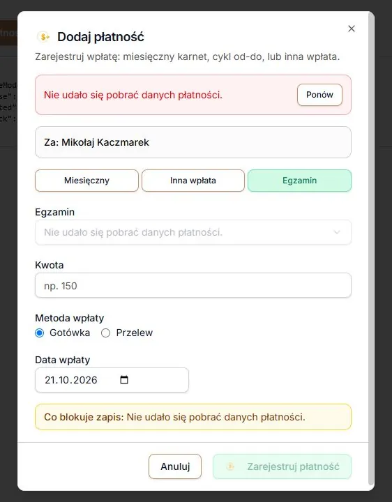 Nieudany odczyt egzaminów i ręczne Ponów
