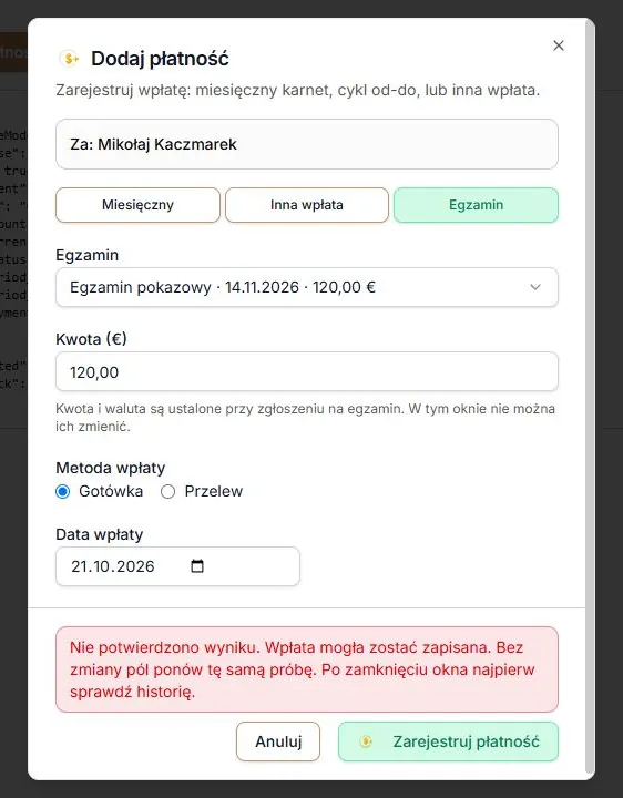 Niepewny wynik wpłaty za egzamin — ponowienie tej samej próby