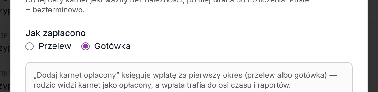 Zmień karnet — zapłacono gotówką