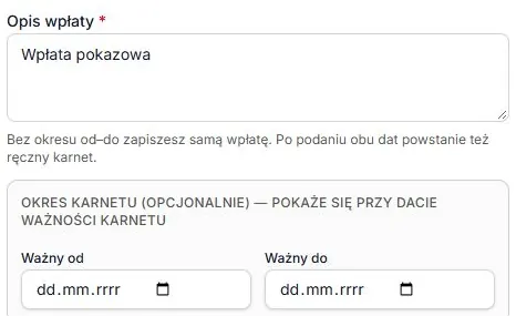 Luźna wpłata — wymagany opis i oba puste pola okresu