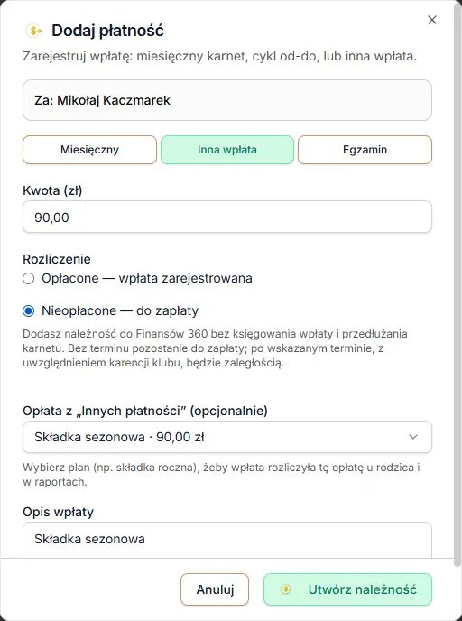 Inna wpłata — nieopłacona składka sezonowa 90 zł, bez księgowania wpłaty