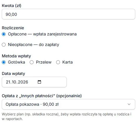 Inna wpłata — wybrana opłata z cennika za 90 zł