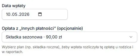 Składka sezonowa — wpłata z 10 maja 2026 za sezon 2025/2026