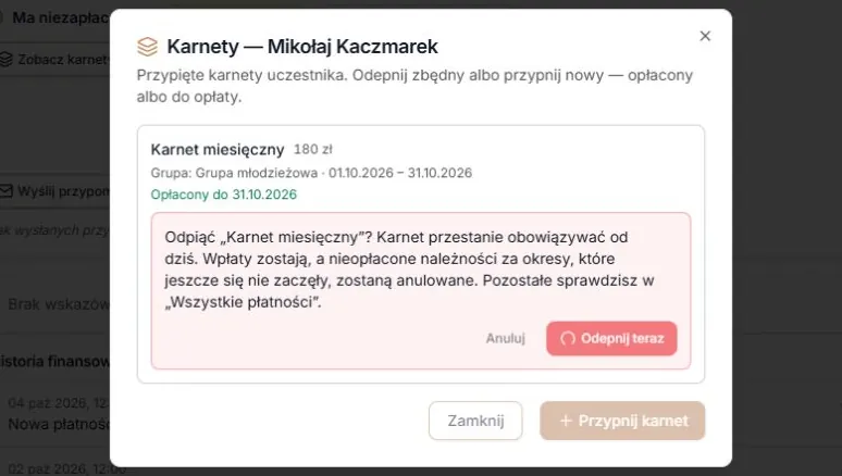 Odepnij — zapis w toku i zablokowane działania