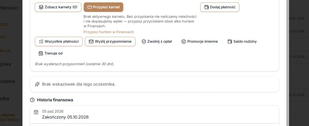 Profil — licznik karnetów i zakończone przypisanie