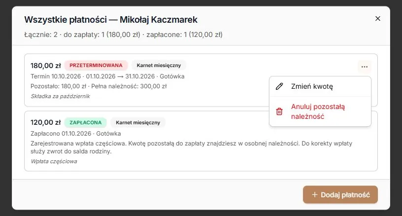 Rzeczywiste menu należności z historią wpłat częściowych