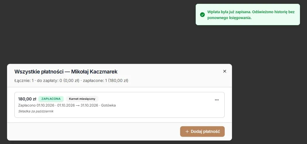 Rozpoznana wcześniejsza wpłata z zachowaną datą i metodą