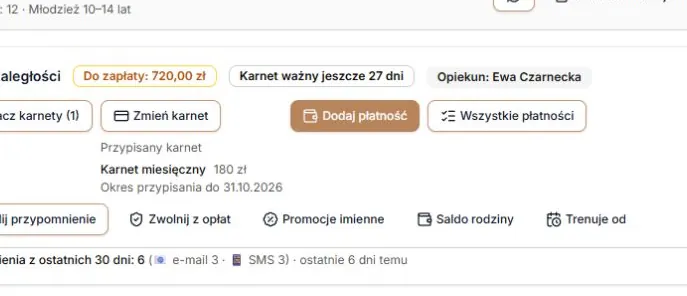 Karnet, dodawanie płatności i pełna lista płatności