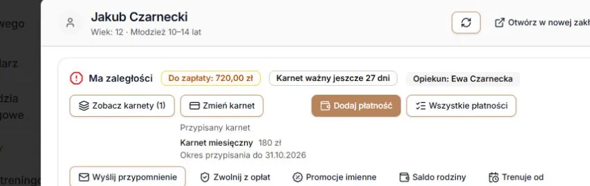Stan, kwota do zapłaty i odznaki uczestnika