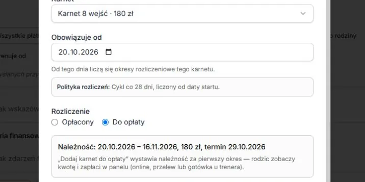 Osiem wejść do opłaty — cykl 28 dni, kwota i termin