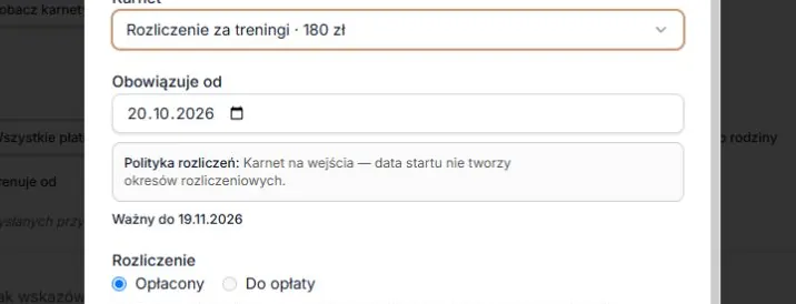 Rozliczenie za treningi — ważność i przypisanie bez księgowania wpłaty