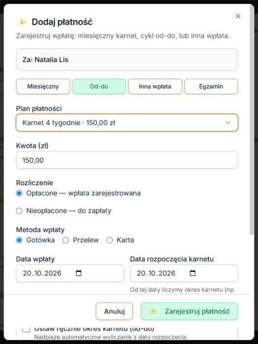 Plan 4 tygodnie wybrany w zakładce Od-do. Dostępność planów zależy również od grupy osoby.